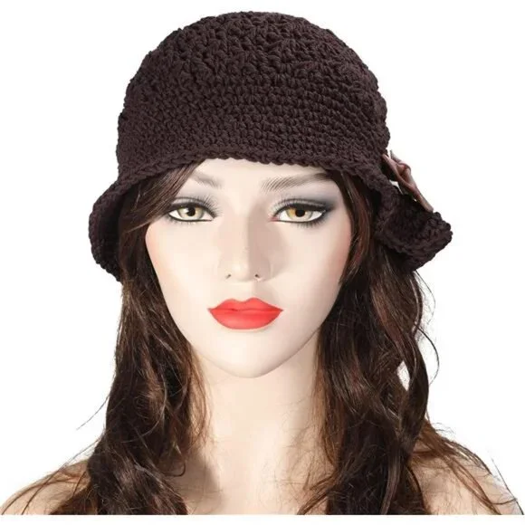 Women Winter Crochet Bucket Hat Bow Brown